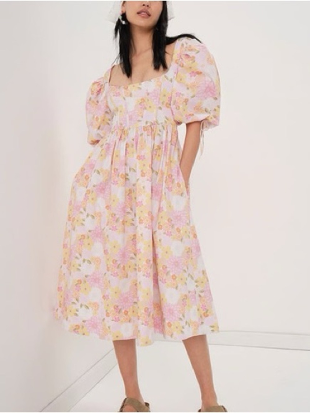 For love & lemons carrie midi dress in pink multi